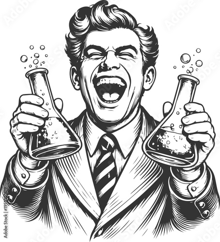 Laughing scientist holding lab flasks vintage engraving illustration