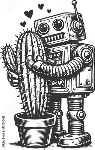 Cute robot hugging cactus love vintage engraving illustration