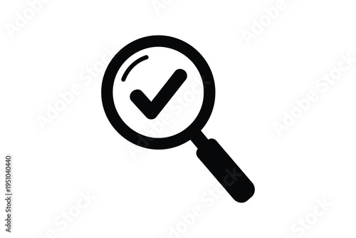 A black magnifying glass icon with a checkmark inside on a white background, symbolizing search, verification, and approval in a simple graphic design.