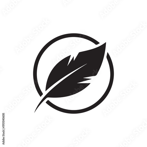 A minimalist black and white graphic icon featuring a stylized bird feather inside a bold circle