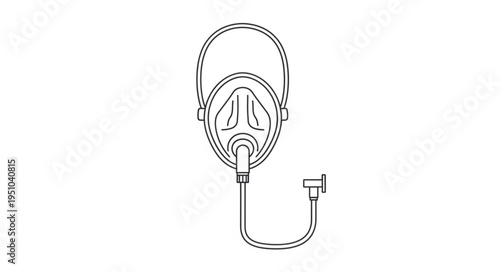 Medical Oxygen Mask with Tube and Connector Line Drawing.