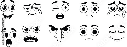 Cartoon facial expressions set, funny emoji faces collection, happy sad angry surprised emotions icons, cute character face illustration