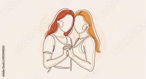 Two women holding hands with faceless portraits.