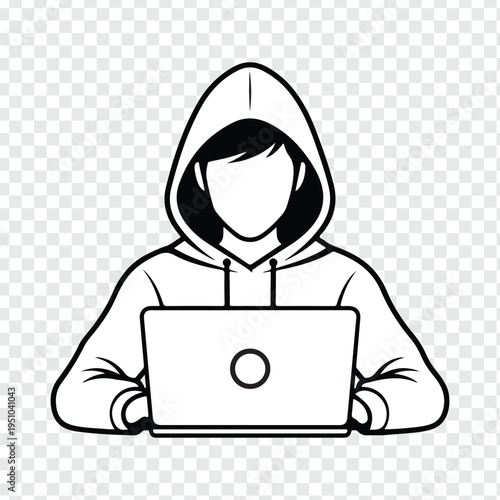 A businessman wearing a mask acts as a criminal hacker typing on a laptop at an office desk to commit data theft and cyber crime