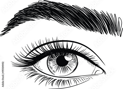 Beautiful female eye with long lashes and thick eyebrow, hand drawn black and white vector illustration concept