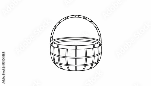 Empty Wicker Basket with Handle, Hand-Drawn Outline Illustration