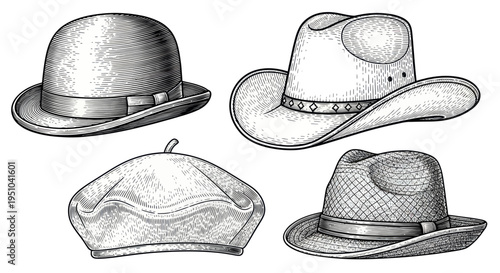 Collection of Vintage Hats: Fedora, Cowboy, Beret, Bowler - Engraved Style