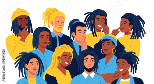 Diverse Group of People with Dreadlocks and Yellow Hair, Community and Unity Illustration