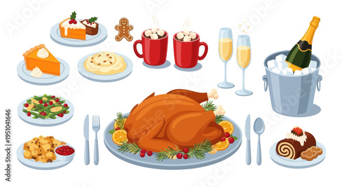 Festive Holiday Feast: Turkey, Desserts, Drinks, and Christmas Treats