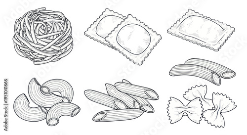 Hand-drawn Assortment of Italian Pasta Shapes - Black and White Sketch