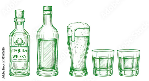 Hand-drawn sketch of tequila, whisky bottles, beer, and shot glasses on white background