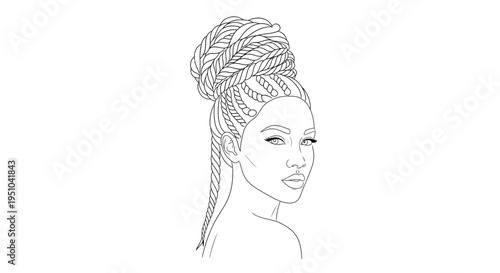 Elegant Black Woman Portrait with Braids Updo, Minimalist Line Art