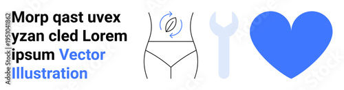 Healthy lifestyle, self-care, wellness tools, medical support, maintenance, body positivity. Body outline with rotating arrows, wrench heart. Healthy lifestyle and self-care concept