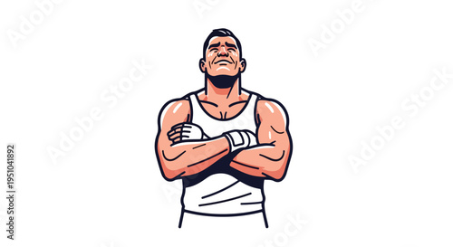 A muscular man with arms crossed wearing a white tank top on a white background in a comic book style illustration.
