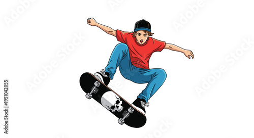 Cool skateboarder in mid air performing a jump trick with a skull graphic on the skateboard deck on a white background.