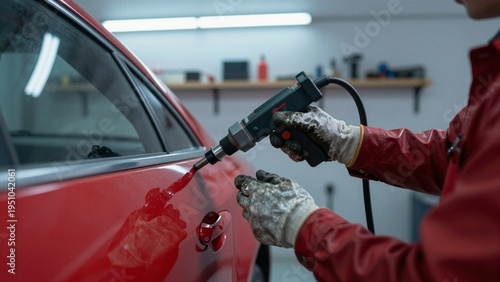 Car repair technician using specialized tool to fix a dent on a red vehicle in a workshop setting.