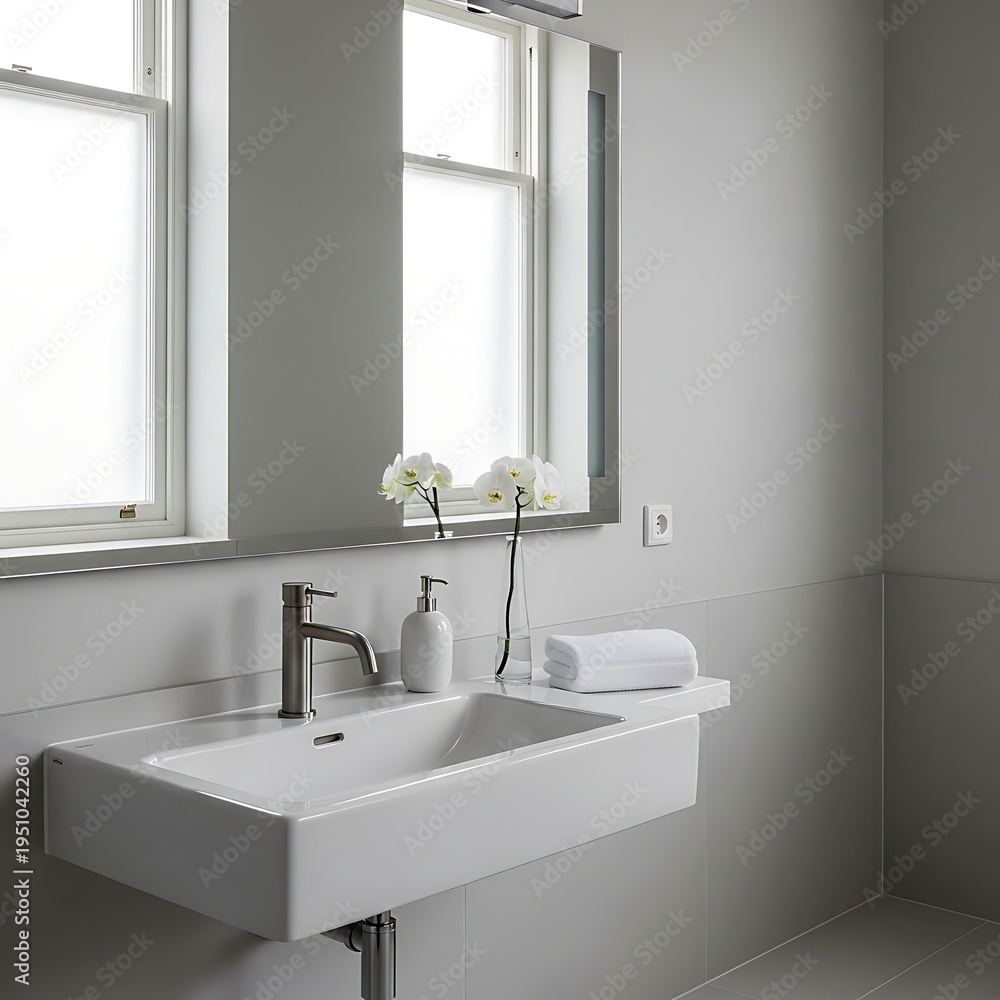 Fototapeta premium Clean modern bathroom with wall-mounted sink mirror and white orchids