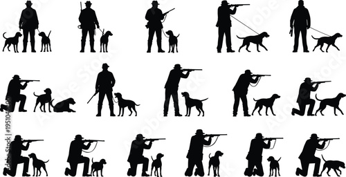Hunter with dog silhouette collection, hunting man aiming rifle with hunting dog, outdoor sport vector set