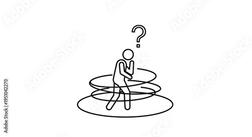 Confused person with question mark above head, surrounded by swirling lines, symbolizing doubt and uncertainty.