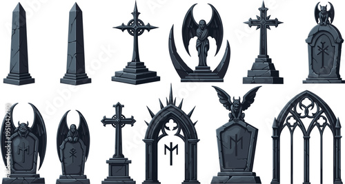 Dark Gothic Cemetery Elements Set Featuring Tombstones Crosses Gargoyles Obelisks Arches and Fantasy Graveyard Architecture Vector Illustration Collection