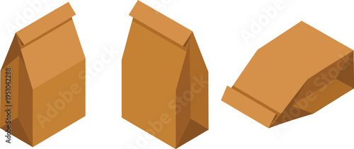 Isometric paper bag packaging mockup set, brown kraft food takeaway bag design, reusable eco package illustration vector