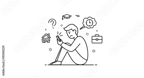 Confused young man with phone surrounded by life decisions: job, house, education, time