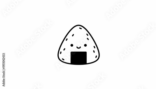 Cute Kawaii Onigiri Rice Ball Character with Smiling Face - Simple Black and White Illustration