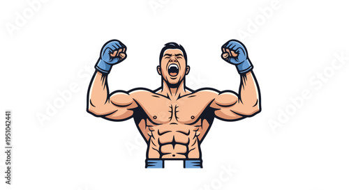 Comic-style illustration of a muscular man flexing his arms and shouting with blue hand wraps on a white background.