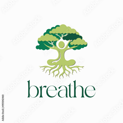 soft 3D-style vector icon of a serene tree with roots forming a yoga pose silhouette, pastel green and earth tones, subtle drop shadow, rounded organic shapes, clean scalable design for health and min