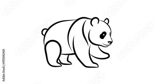 Cute Panda Bear Walking, Simple Line Art Illustration, Black and White Cartoon Style