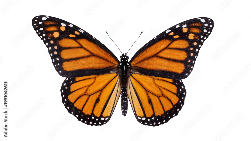 Fototapeta premium Vibrant monarch butterfly with striking orange and black wings, detailed veins, and white spots, isolated on a clean background, top view PNG