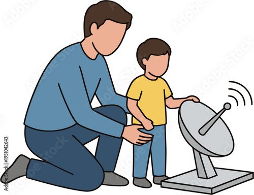 Father teaches son operating satellite dish on the roof outside