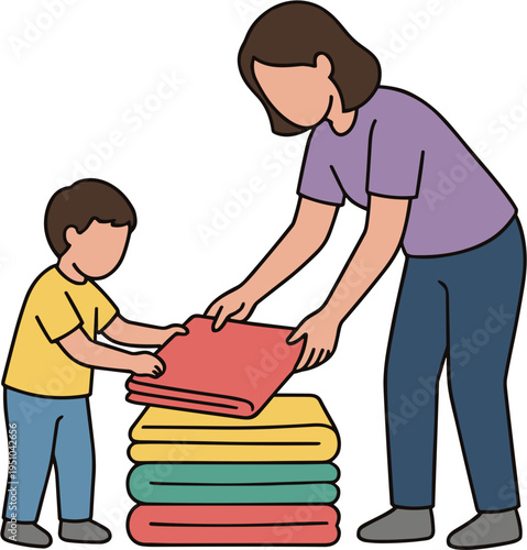 Woman and child stacking colorful towels together indoors