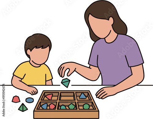 Woman teaches boy sorting shapes on wooden board at table