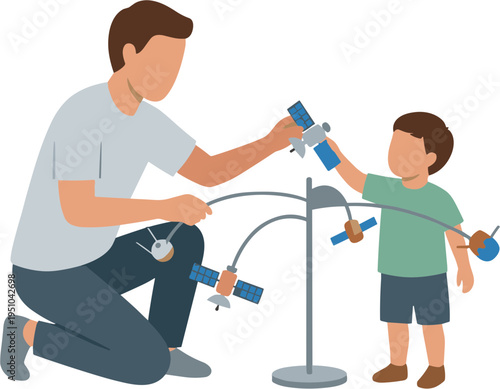 A man and a boy build model airplanes together indoors with tools