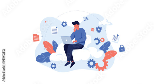 Businessman sitting on a cloud working on a laptop surrounded by digital icons representing cloud computing and data.