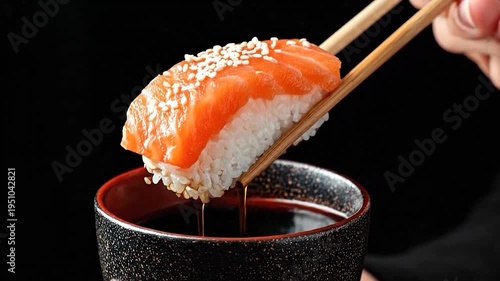 A hand dips a piece of salmon nigiri sushi into soy sauce