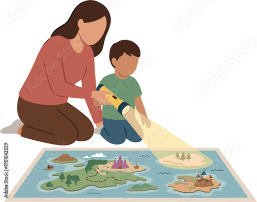 Woman and child interact with educational geography map illustration