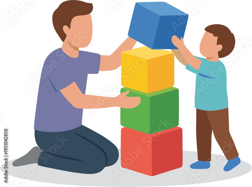 A man and a boy are stacking colorful blocks together indoors playfully