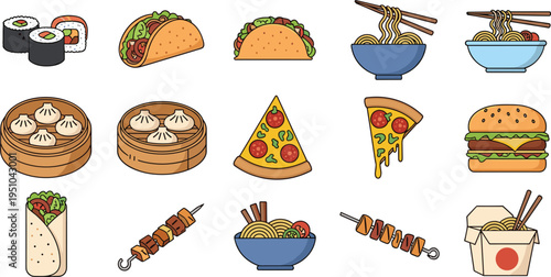 Global Street Food Icon Set Featuring Sushi Taco Dumplings Noodles Pizza Burger Wrap Skewers and Takeaway Box Flat Vector Collection