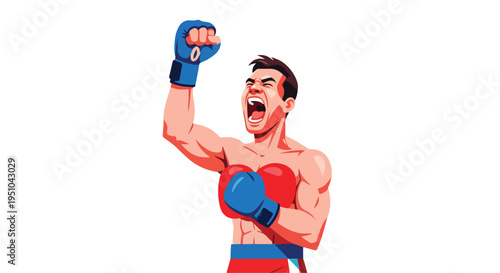 A muscular cartoon man wearing blue boxing gloves and red trunks celebrates with a raised arm and open mouth on a white background.