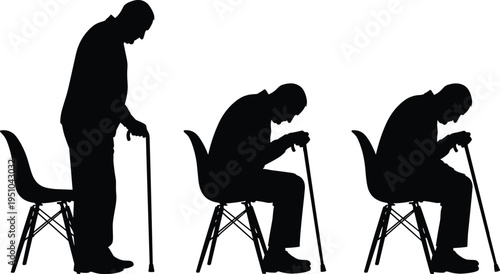 elderly man with walking cane silhouettes, senior person sitting and standing poses, aging healthcare concept illustration set