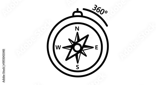 Compass Icon with 360 Degree Arc, Navigation and Direction Symbol