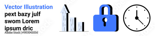 Business strategy, data protection, time efficiency, success planning, security solutions, financial growth. Graph with upward bars, blue lock and analog clock. Business analytics and data