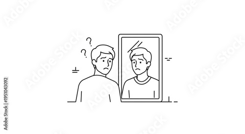 Confused man looking in broken mirror, self-doubt, identity crisis, mental health concept