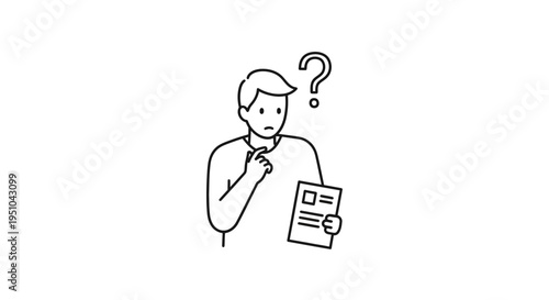 Confused Man Holding Document and Question Mark, Thinking About Decision