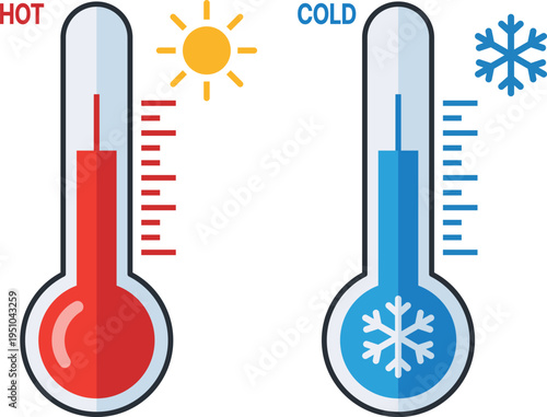 Two thermometers showing hot and cold temperatures with sun and snowflake