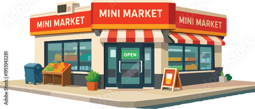 Mini Market Corner Shop Building Illustration featuring Charming Neighborhood Grocery Store with Storefront Awning and Display Windows for Urban Cityscape Design