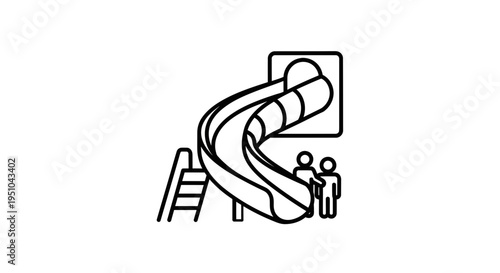 Children's playground slide with ladder and figures, simple line art icon