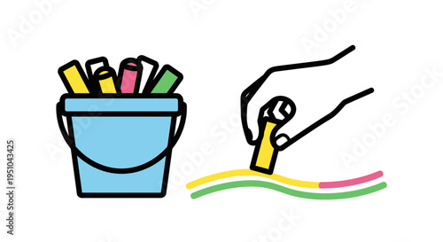 Child's hand drawing with colorful chalks from a bucket, creative art concept